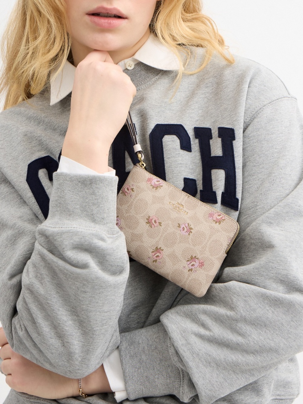 Coach Beige Floral Signature Wristlet Clutch with Pink Accents - Picture 2 of 3